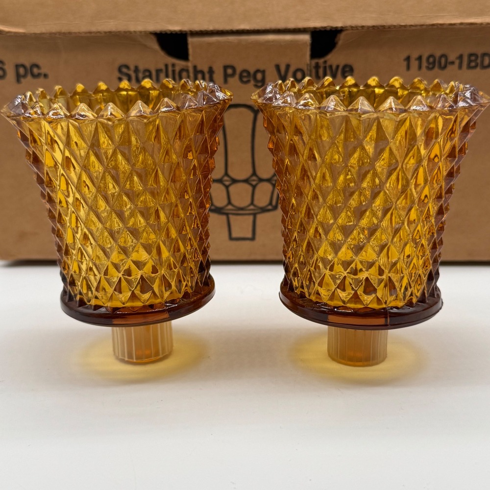 Vintage Homco Amber Gold Starlight Peg Votive Cups Diamond Point Holder Pair